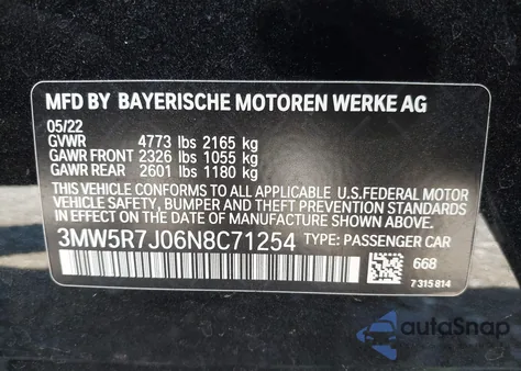 2022 BMW 330I xDrive из США, поврежденный, VIN 3MW5R7J06N8C71254